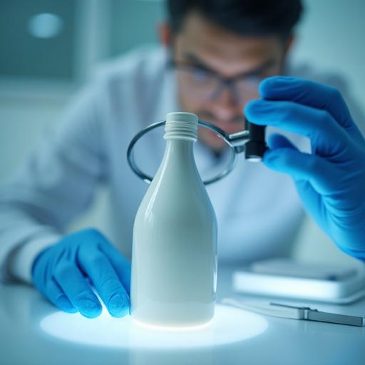 En tekniker som inspiserer en ferdig keramisk flaske under et forstørrelsesglass.